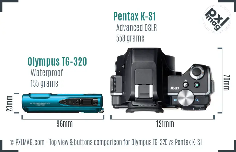 Olympus TG-320 vs Pentax K-S1 top view buttons comparison