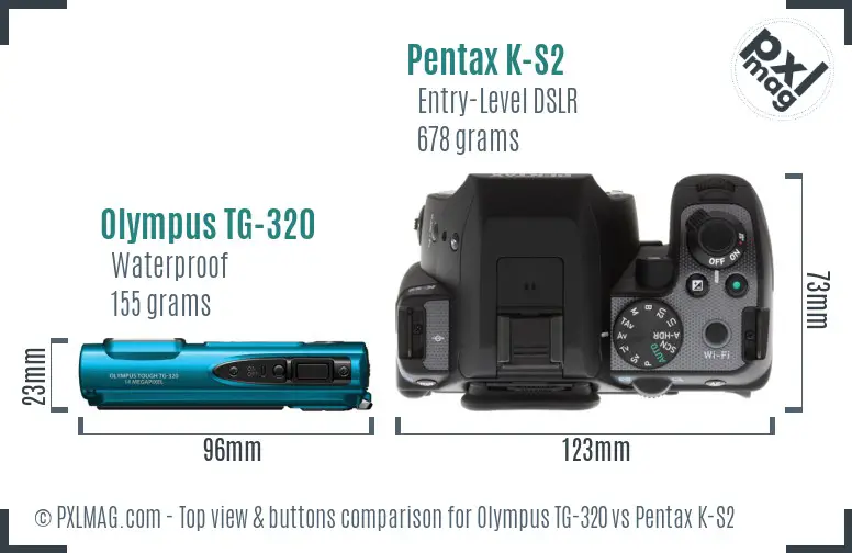 Olympus TG-320 vs Pentax K-S2 top view buttons comparison