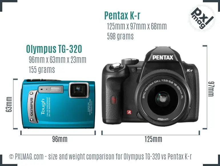 Olympus TG-320 vs Pentax K-r size comparison