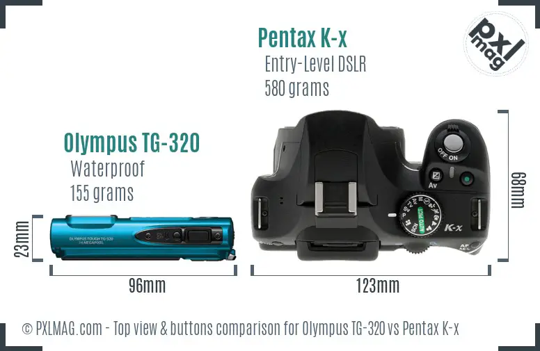 Olympus TG-320 vs Pentax K-x top view buttons comparison