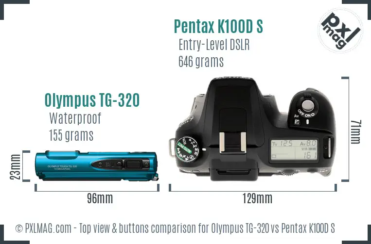 Olympus TG-320 vs Pentax K100D S top view buttons comparison