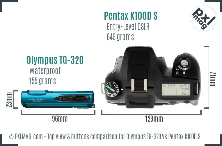 Olympus TG-320 vs Pentax K100D S top view buttons comparison Olympus TG-320 vs Pentax K100D S top view buttons comparison