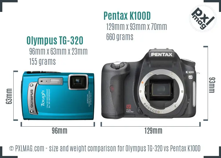 Olympus TG-320 vs Pentax K100D size comparison