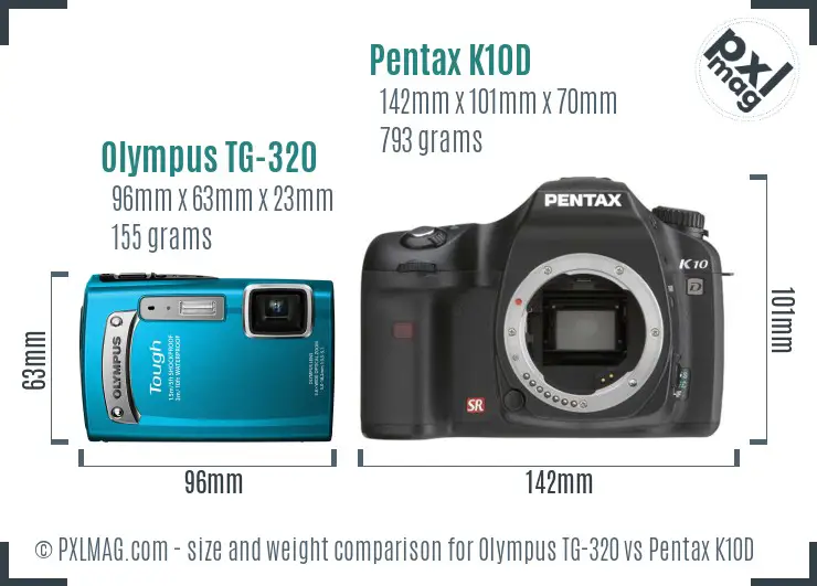 Olympus TG-320 vs Pentax K10D size comparison Olympus TG-320 vs Pentax K10D size comparison