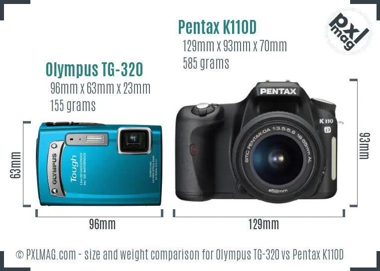 Olympus TG-320 vs Pentax K110D size comparison