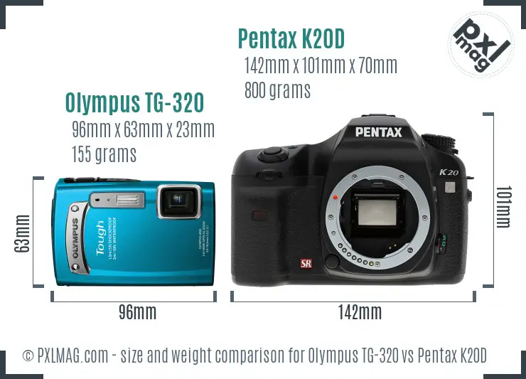 Olympus TG-320 vs Pentax K20D size comparison