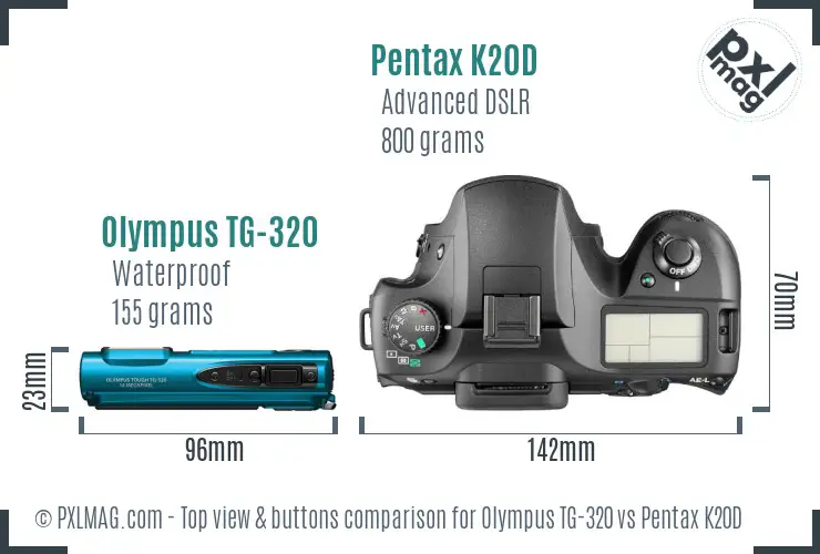 Olympus TG-320 vs Pentax K20D top view buttons comparison