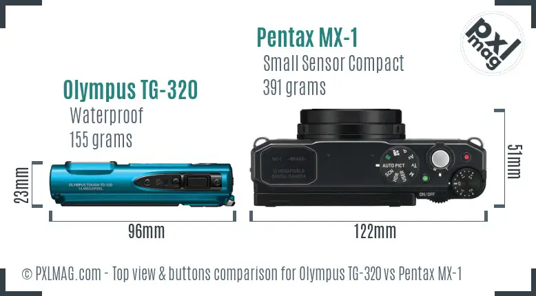 Olympus TG-320 vs Pentax MX-1 top view buttons comparison