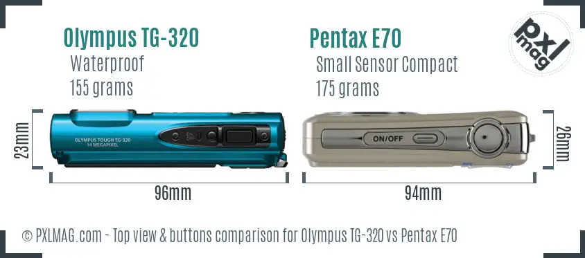 Olympus TG-320 vs Pentax E70 top view buttons comparison