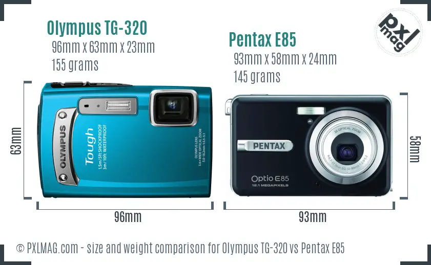 Olympus TG-320 vs Pentax E85 size comparison