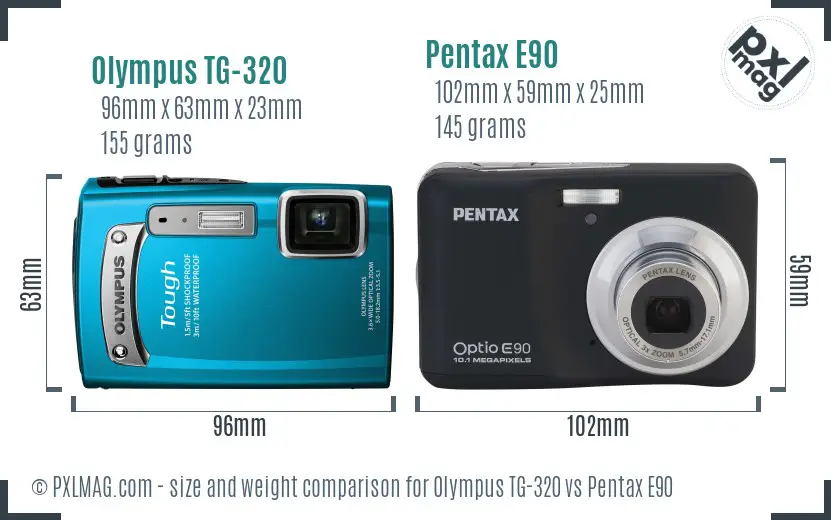 Olympus TG-320 vs Pentax E90 size comparison