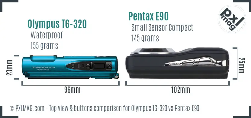 Olympus TG-320 vs Pentax E90 top view buttons comparison