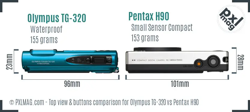 Olympus TG-320 vs Pentax H90 top view buttons comparison