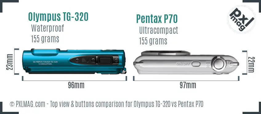 Olympus TG-320 vs Pentax P70 top view buttons comparison