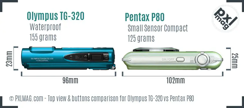 Olympus TG-320 vs Pentax P80 top view buttons comparison