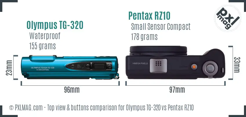 Olympus TG-320 vs Pentax RZ10 top view buttons comparison