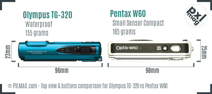 Olympus TG-320 vs Pentax W60 top view buttons comparison