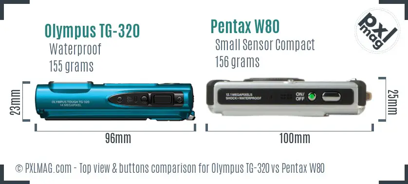 Olympus TG-320 vs Pentax W80 top view buttons comparison