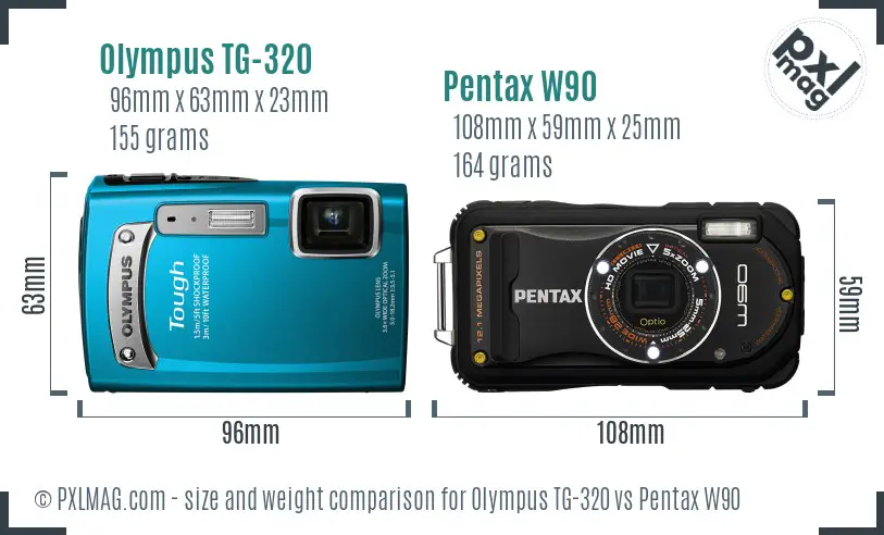 Olympus TG-320 vs Pentax W90 size comparison