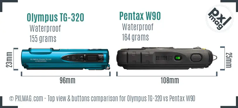 Olympus TG-320 vs Pentax W90 top view buttons comparison