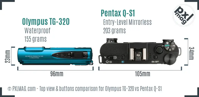 Olympus TG-320 vs Pentax Q-S1 top view buttons comparison