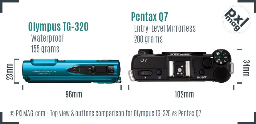 Olympus TG-320 vs Pentax Q7 top view buttons comparison
