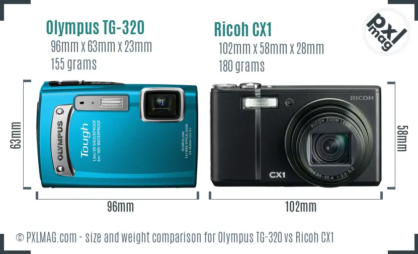 Olympus TG-320 vs Ricoh CX1 size comparison