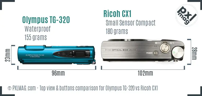 Olympus TG-320 vs Ricoh CX1 top view buttons comparison