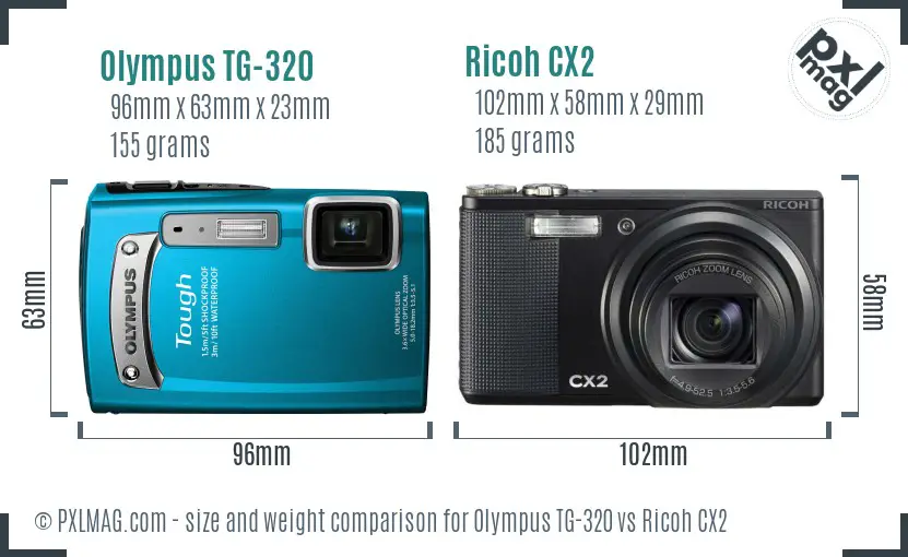 Olympus TG-320 vs Ricoh CX2 size comparison