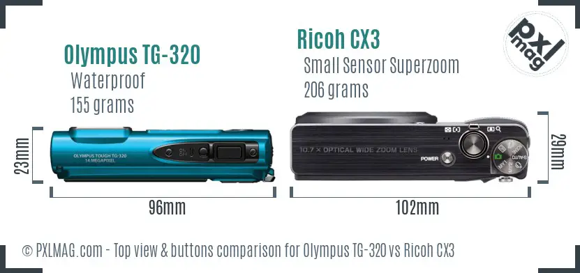Olympus TG-320 vs Ricoh CX3 top view buttons comparison