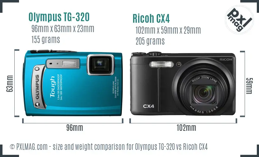 Olympus TG-320 vs Ricoh CX4 size comparison Olympus TG-320 vs Ricoh CX4 size comparison