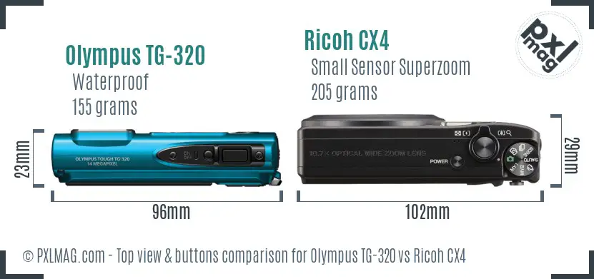 Olympus TG-320 vs Ricoh CX4 top view buttons comparison Olympus TG-320 vs Ricoh CX4 top view buttons comparison