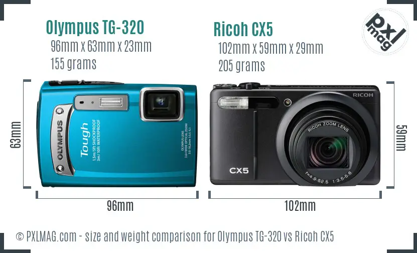 Olympus TG-320 vs Ricoh CX5 size comparison