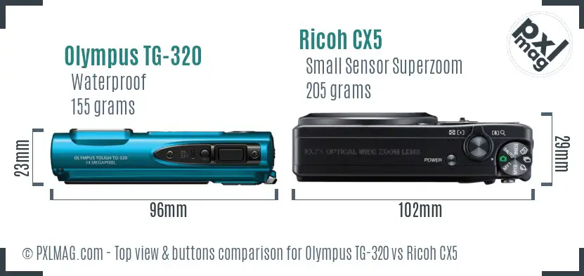 Olympus TG-320 vs Ricoh CX5 top view buttons comparison