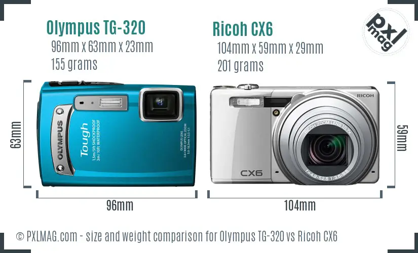 Olympus TG-320 vs Ricoh CX6 size comparison