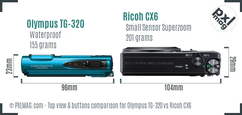 Olympus TG-320 vs Ricoh CX6 top view buttons comparison