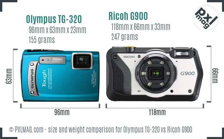 Olympus TG-320 vs Ricoh G900 size comparison