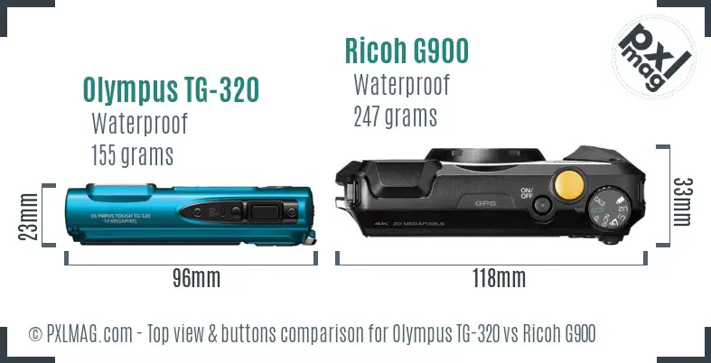 Olympus TG-320 vs Ricoh G900 top view buttons comparison
