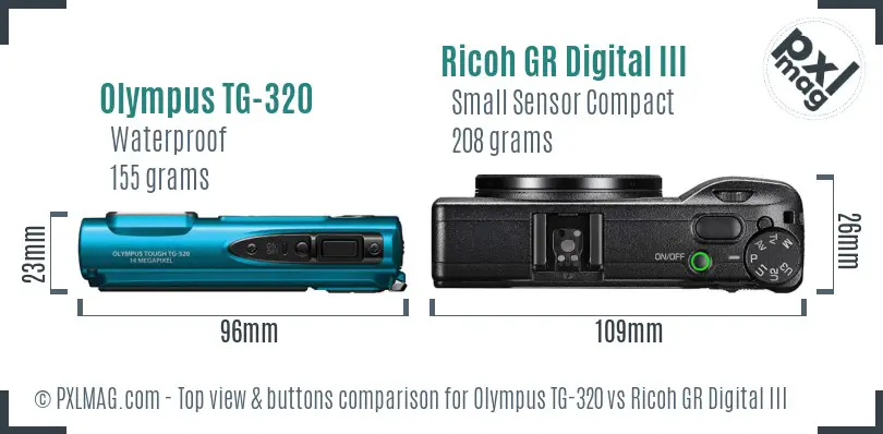 Olympus TG-320 vs Ricoh GR Digital III top view buttons comparison Olympus TG-320 vs Ricoh GR Digital III top view buttons comparison