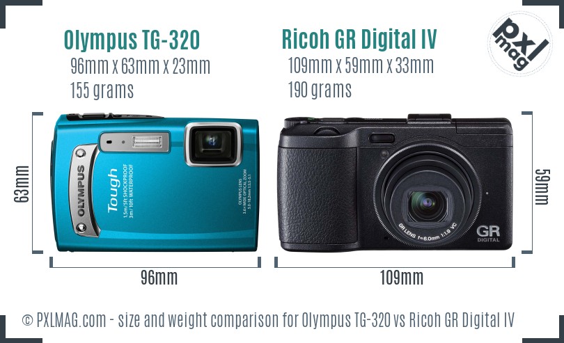 Olympus TG-320 vs Ricoh GR Digital IV size comparison