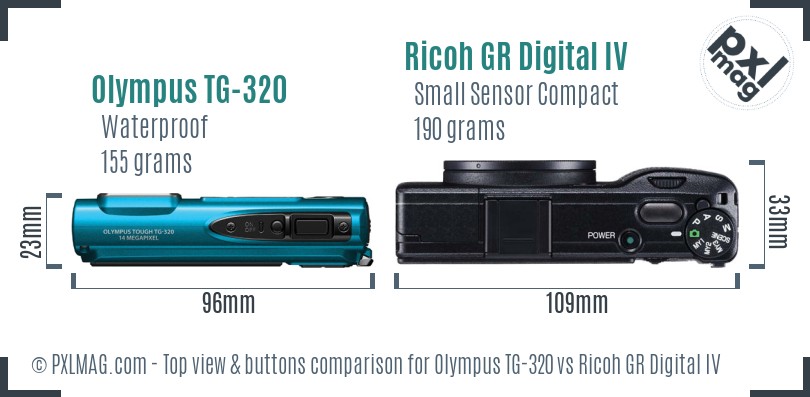 Olympus TG-320 vs Ricoh GR Digital IV top view buttons comparison