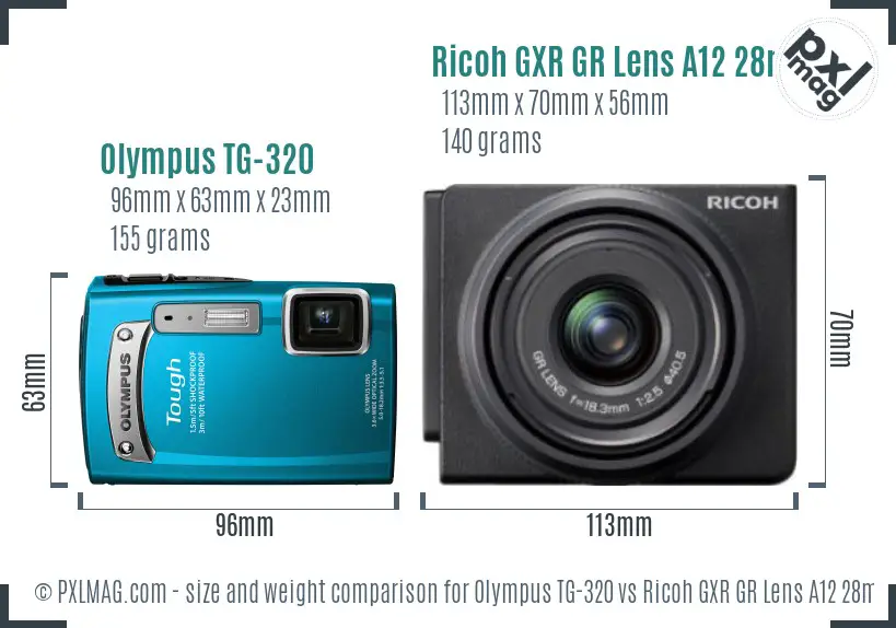 Olympus TG-320 vs Ricoh GXR GR Lens A12 28mm F2.5 size comparison Olympus TG-320 vs Ricoh GXR GR Lens A12 28mm F2.5 size comparison