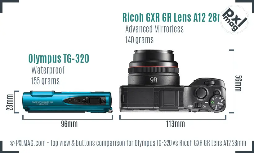 Olympus TG-320 vs Ricoh GXR GR Lens A12 28mm F2.5 top view buttons comparison Olympus TG-320 vs Ricoh GXR GR Lens A12 28mm F2.5 top view buttons comparison