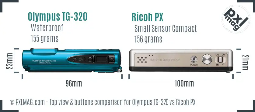 Olympus TG-320 vs Ricoh PX top view buttons comparison Olympus TG-320 vs Ricoh PX top view buttons comparison
