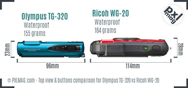 Olympus TG-320 vs Ricoh WG-20 top view buttons comparison