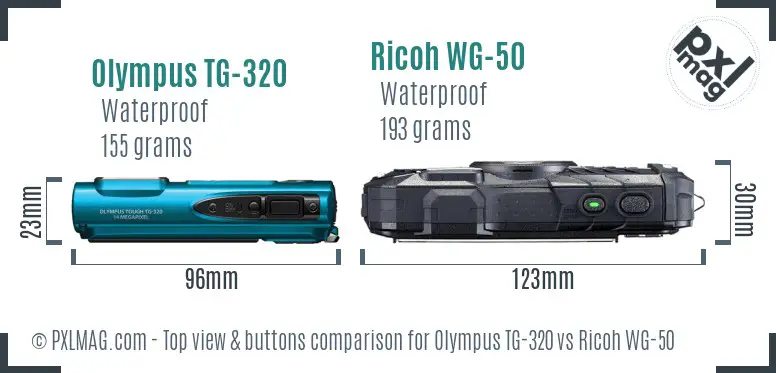 Olympus TG-320 vs Ricoh WG-50 top view buttons comparison