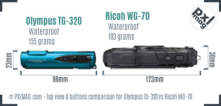 Olympus TG-320 vs Ricoh WG-70 top view buttons comparison