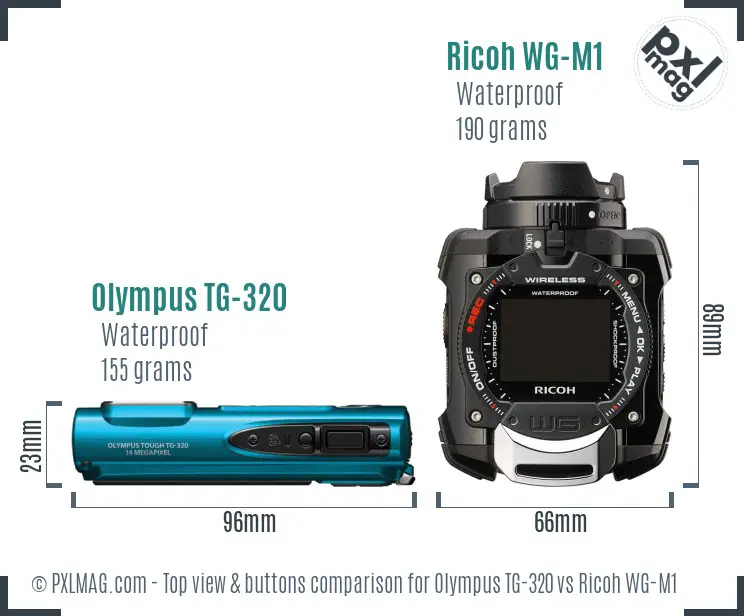 Olympus TG-320 vs Ricoh WG-M1 top view buttons comparison