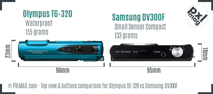 Olympus TG-320 vs Samsung DV300F top view buttons comparison