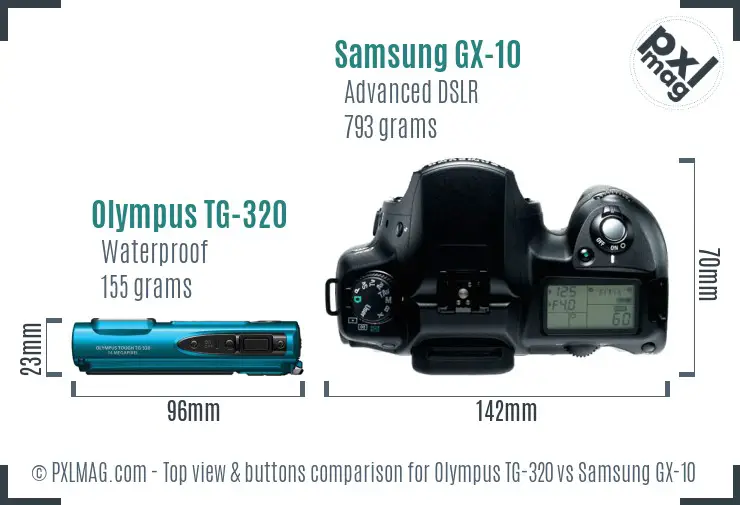 Olympus TG-320 vs Samsung GX-10 top view buttons comparison Olympus TG-320 vs Samsung GX-10 top view buttons comparison